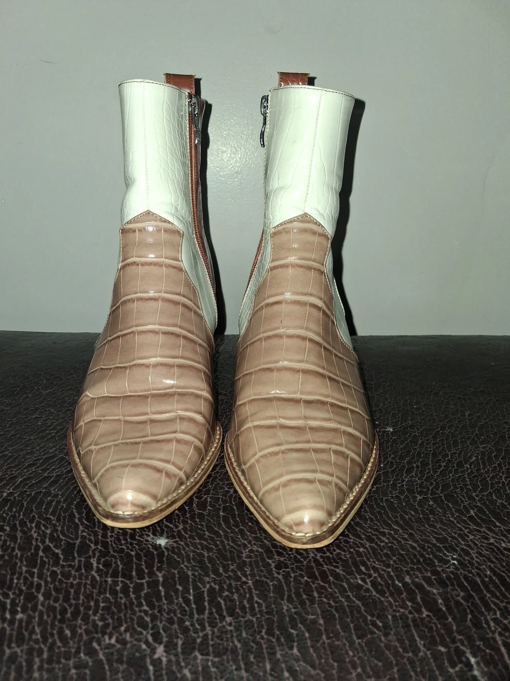 Tri-Tone Croc-Embossed Western Ankle Boots - Taupe, White & Brown